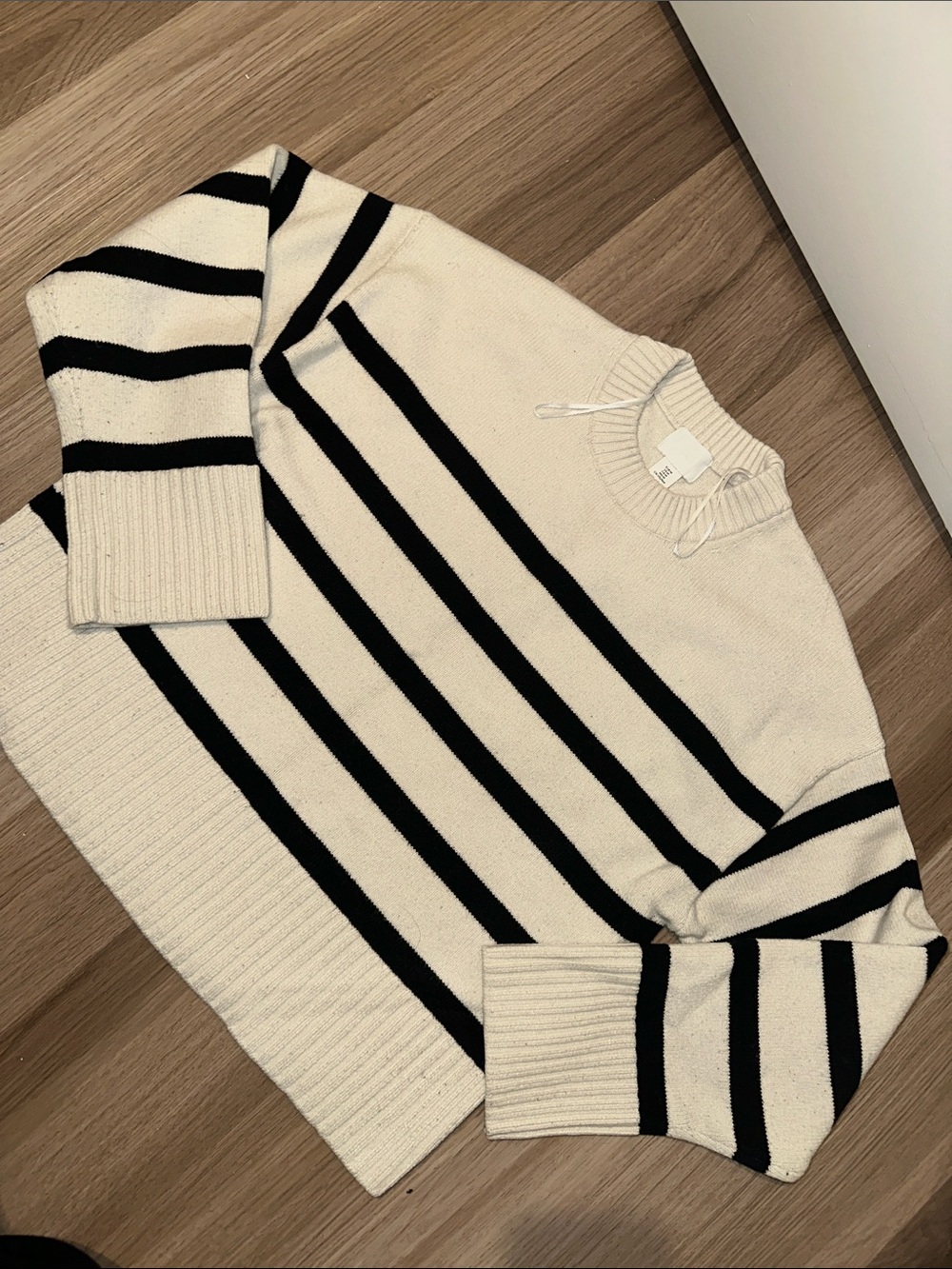 H&M Cream and Black Striped Crew Sweater